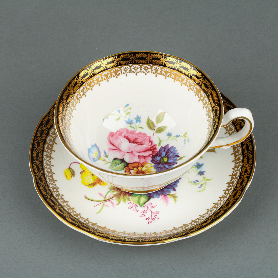 ROYAL GRAFTON Hand-Painted Black & Gold Rim Cup & Saucer Floral