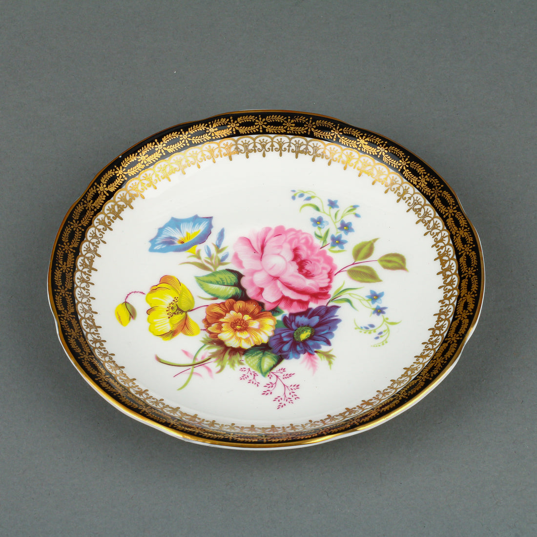 ROYAL GRAFTON Hand-Painted Black & Gold Rim Cup & Saucer Floral