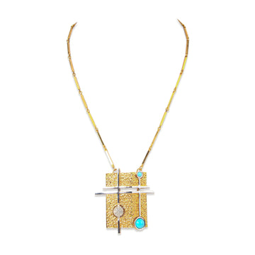 D'ORLAN Goldtone Faux Turquoise Modernist Pendant Necklace
