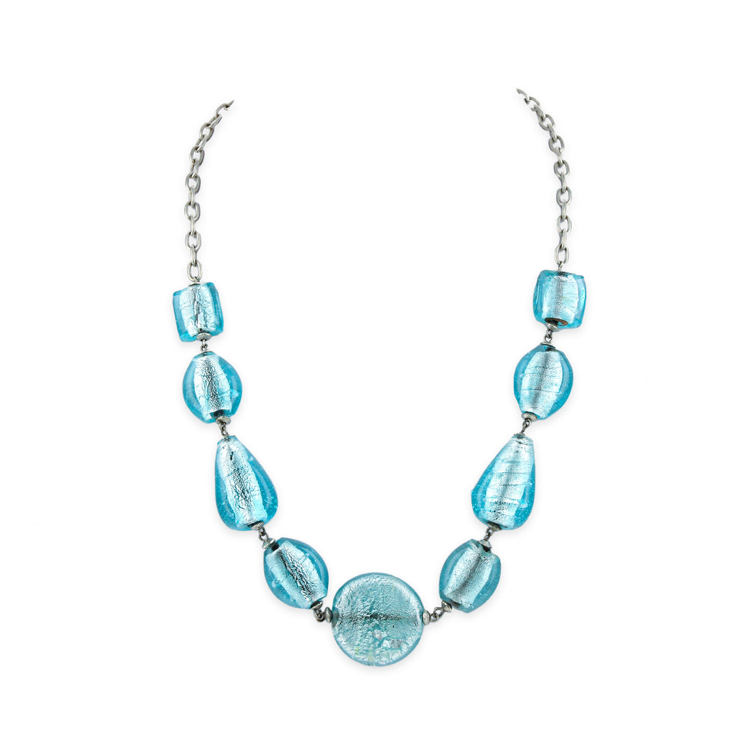 Graduated Blue Silver Foil Art Glass Bead Necklace