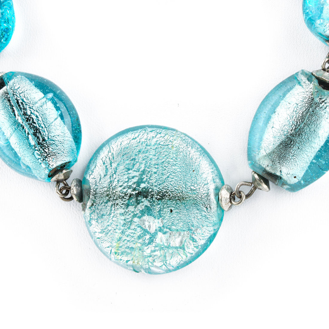 Graduated Blue Silver Foil Art Glass Bead Necklace
