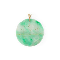 14K Carved Green White Marbled Round Jade Pendant