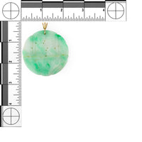 14K Carved Green White Marbled Round Jade Pendant