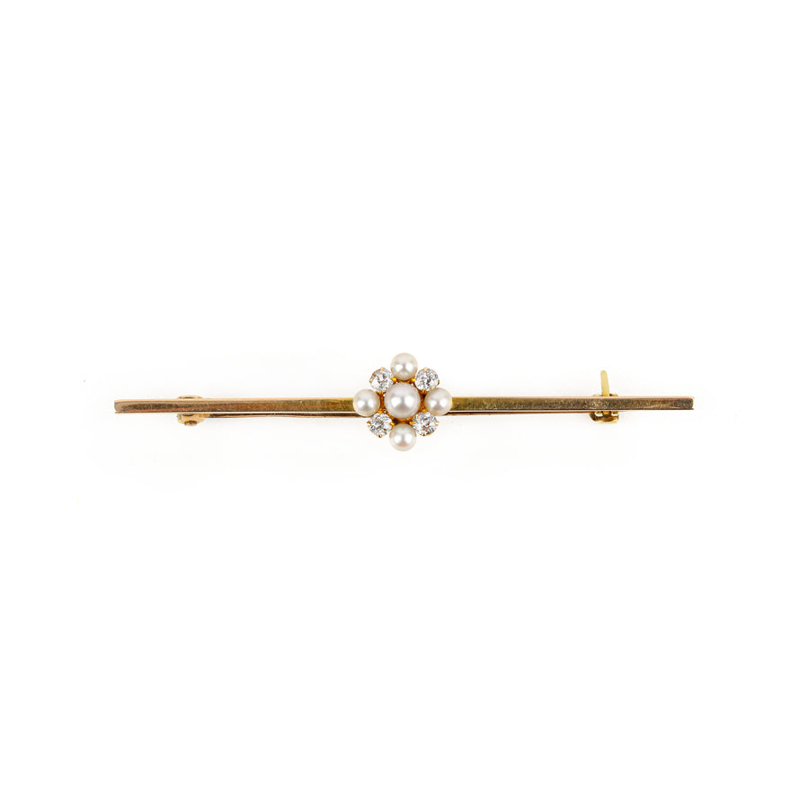 14K Yellow Gold Pearl & Diamond Cluster Bar Pin