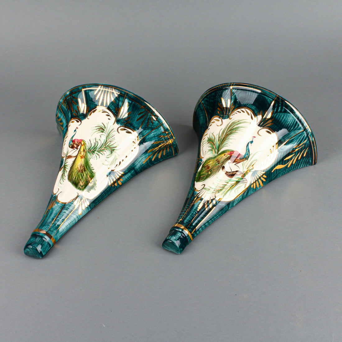 H. BEQUET QUAREGNON Hand-Painted Peacock Wall Pockets 378 - Set of 2