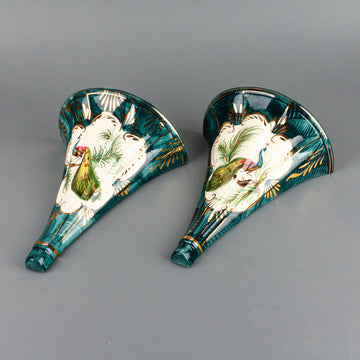 H. BEQUET QUAREGNON Hand-Painted Peacock Wall Pockets 378 - Set of 2