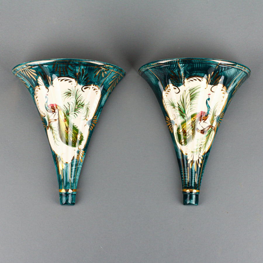 H. BEQUET QUAREGNON Hand-Painted Peacock Wall Pockets 378 - Set of 2
