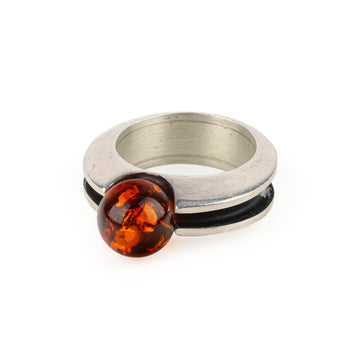 Polished Oxidized Sterling Silver Amber Bead Modernist Ring