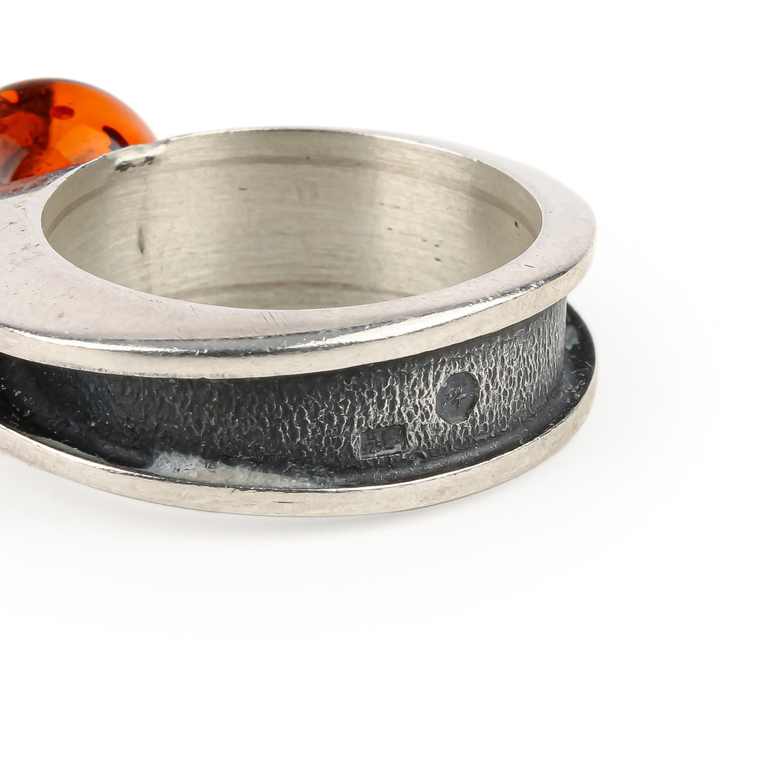 Polished Oxidized Sterling Silver Amber Bead Modernist Ring