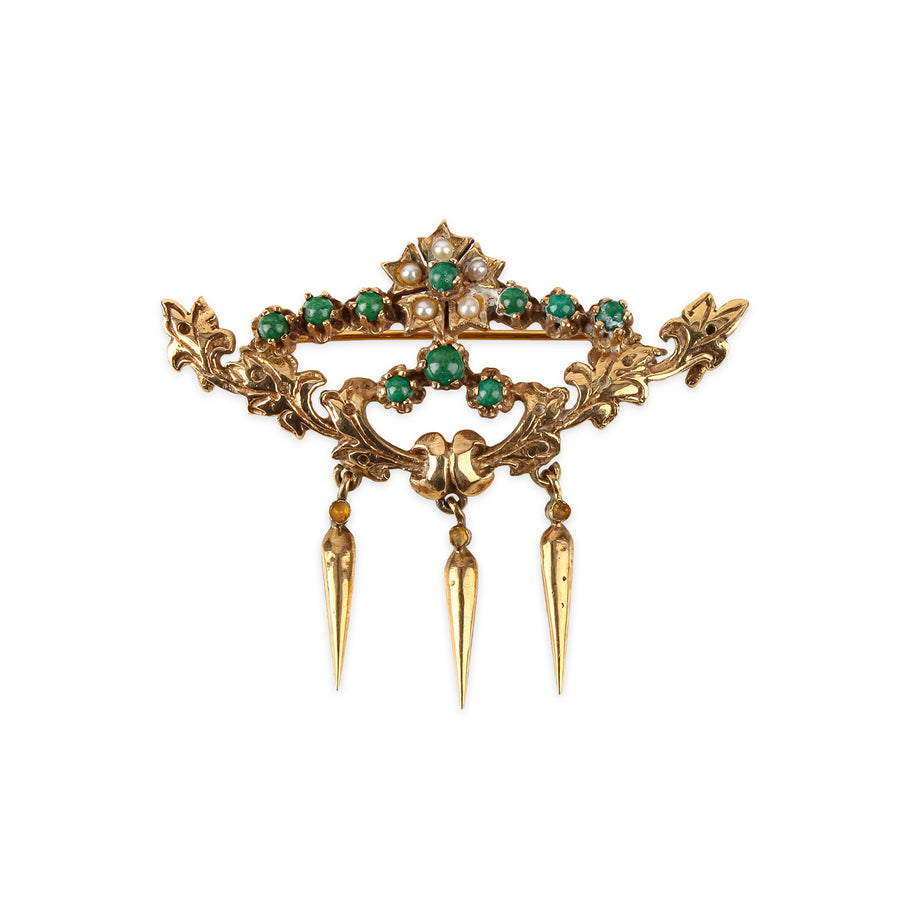 Vintage 10K Yellow Gold Turquoise & Pearl Drop Brooch