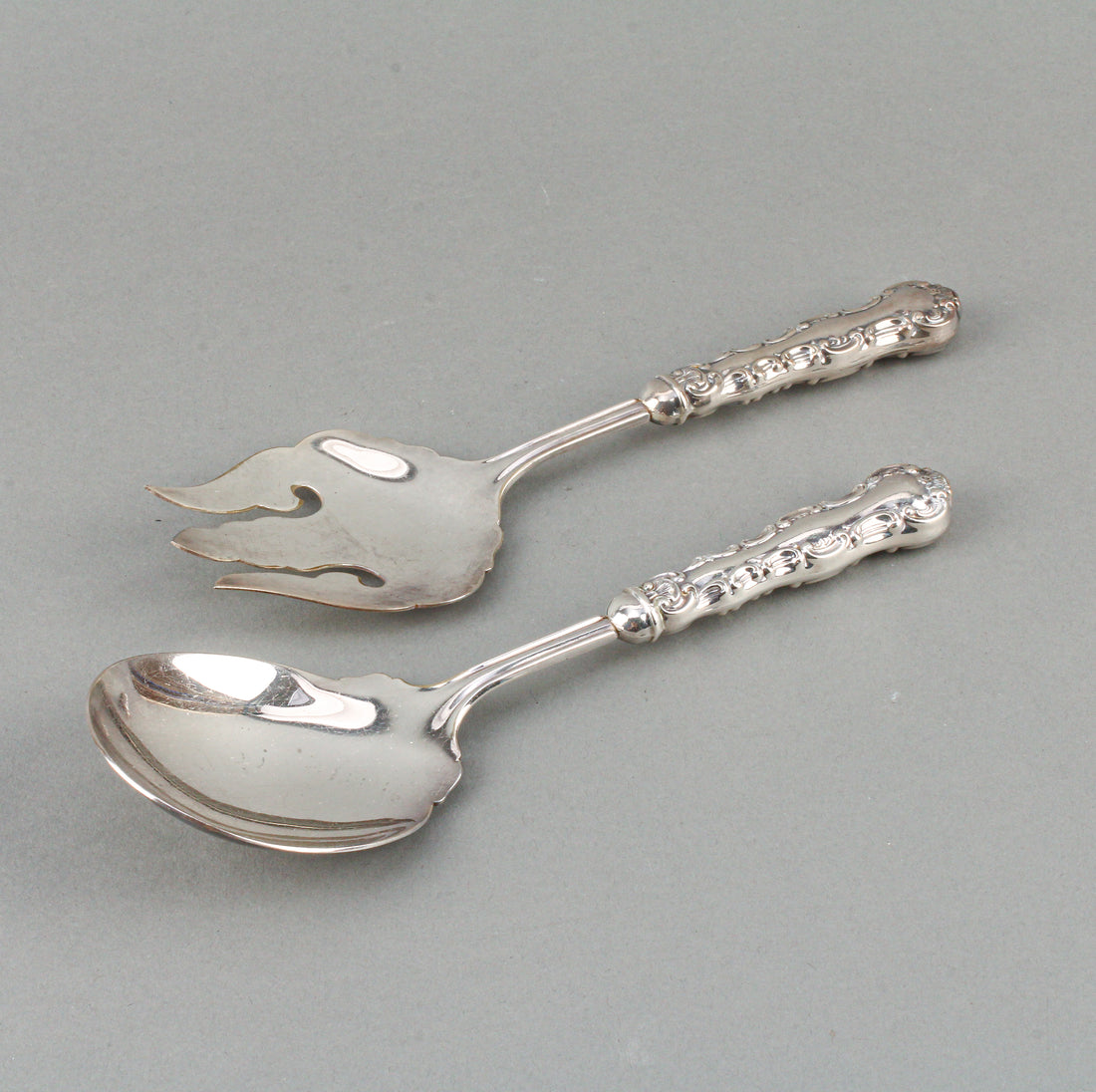 BIRKS Pompadour Sterling Silver Handle Silverplate Serving Spoon & Fork